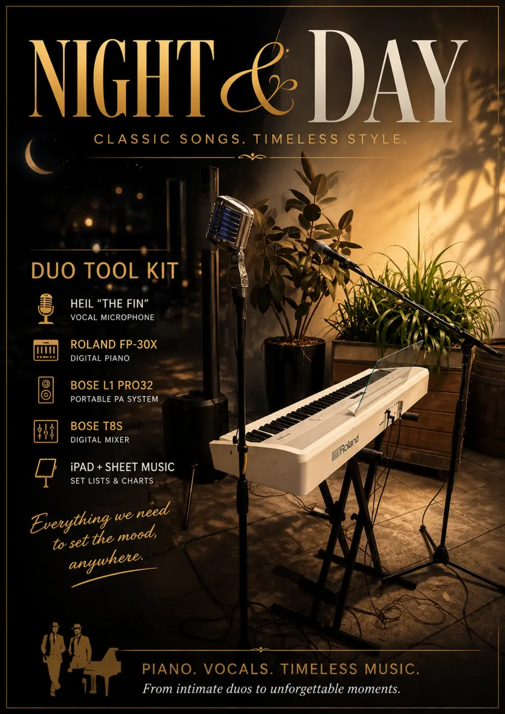 Night and Day duo performance equipment and stage setup