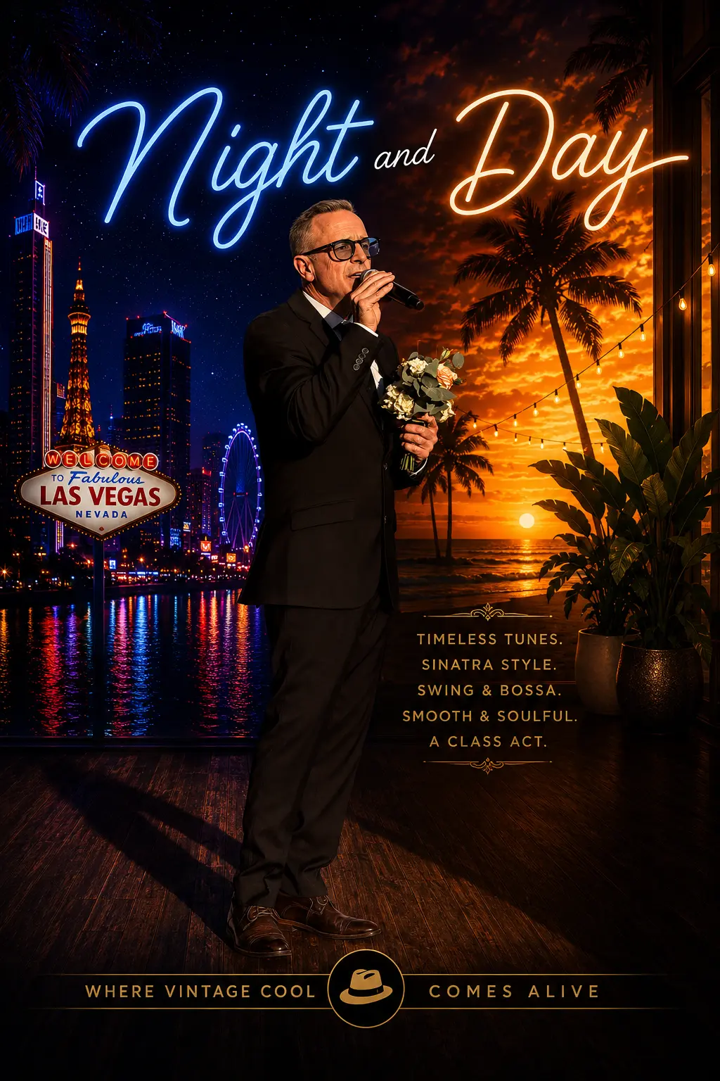 Matt Farmer singing in a Night and Day promotional artwork