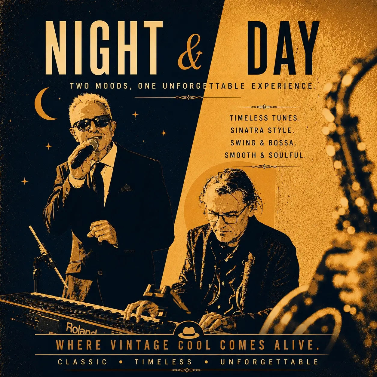 Matt Farmer and Lionel Robinson performing in a Night and Day promotional artwork