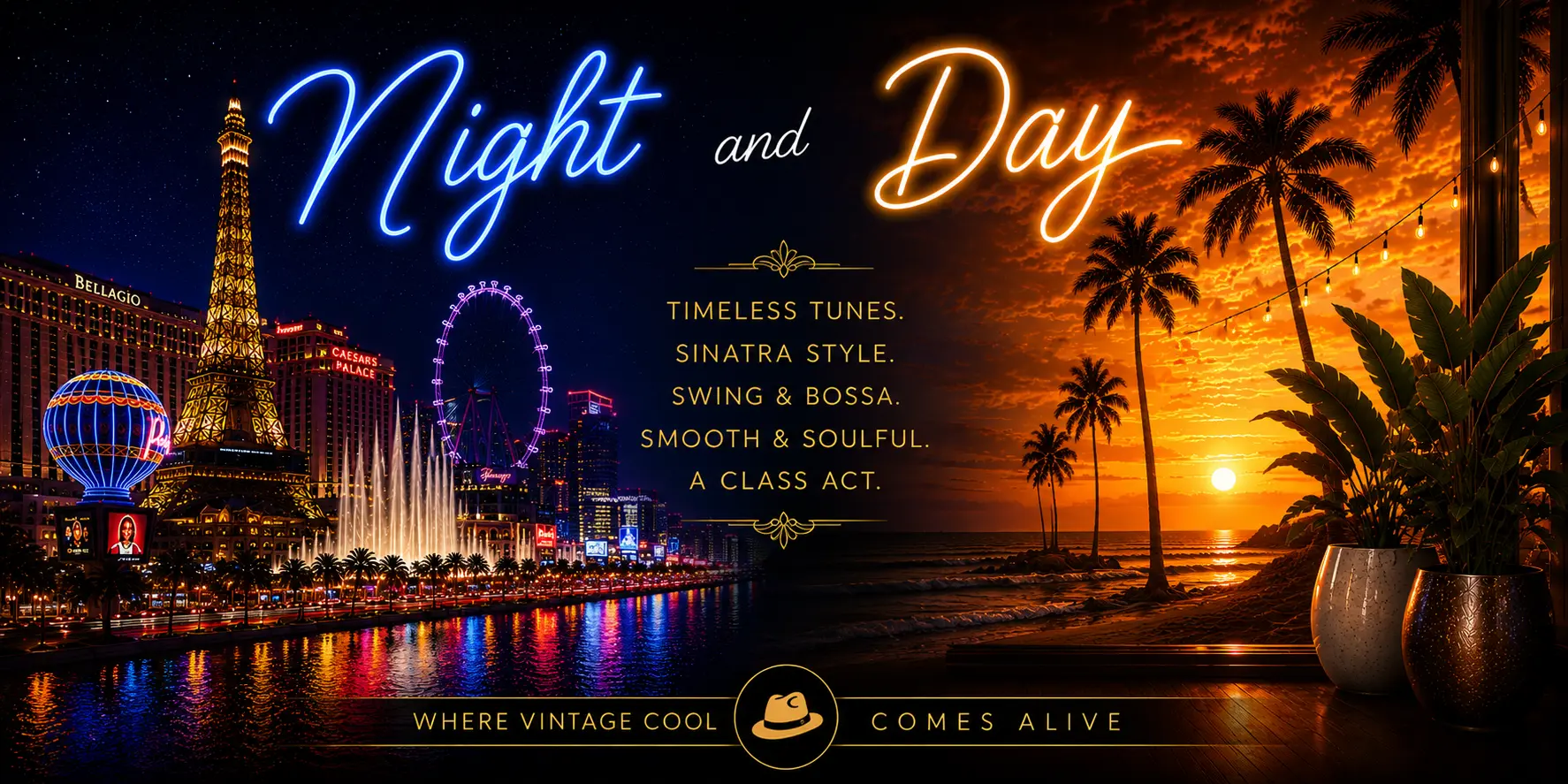 Night and Day: neon Las Vegas nightlife blending into a warm sunset lounge, where vintage cool comes alive