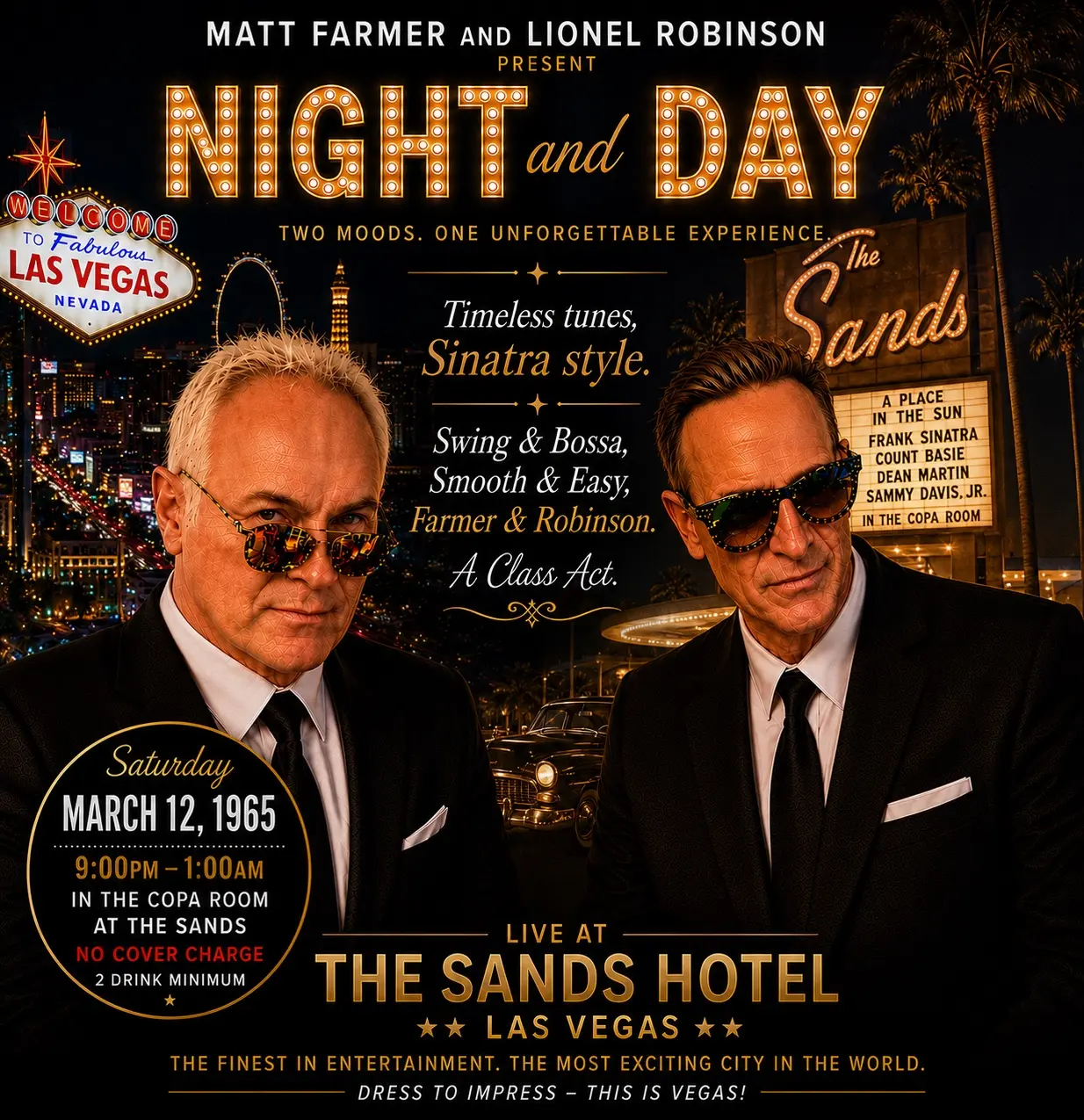 Night and Day vintage Sands Hotel Las Vegas promotional poster featuring Matt Farmer and Lionel Robinson